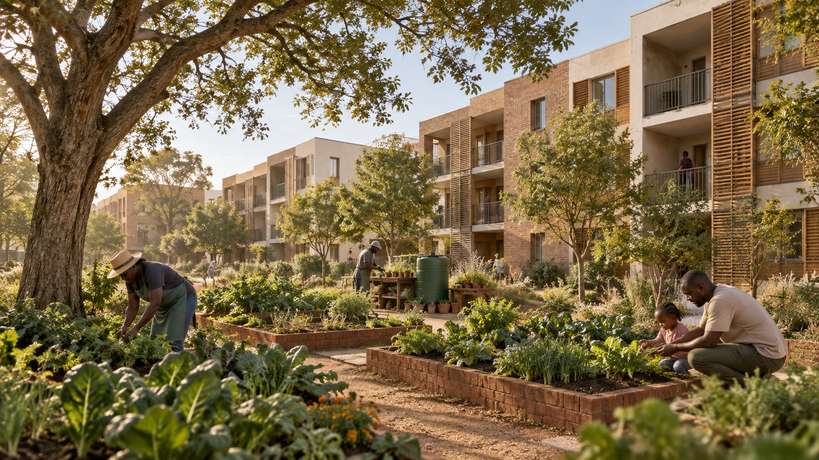 Concept visual of residents tending food gardens between homes at Linbro Gardens